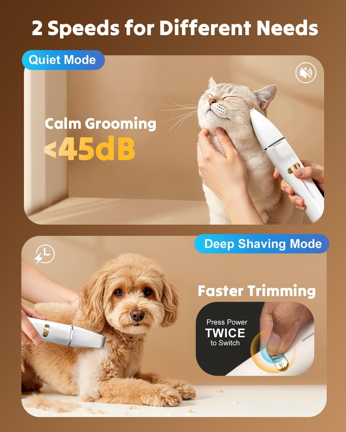 2-in-1 Dog Paw Trimmer - Quiet Cordless Clippers with 2 Speeds | Small Pet Grooming Tool for Paws, Eyes, Ears, Face, Rump - USB-C (White)