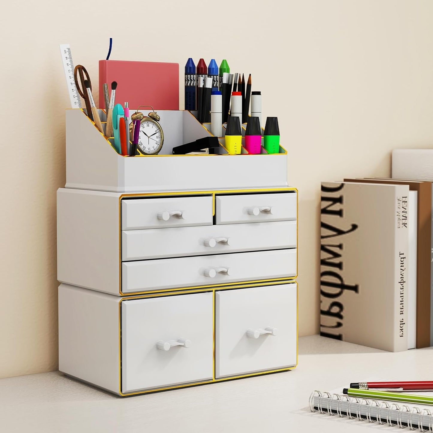 3-Tier 6-Drawer Makeup Organizer - Stylish Countertop Cosmetic Storage for Dresser & Vanity | White with Gold Edges