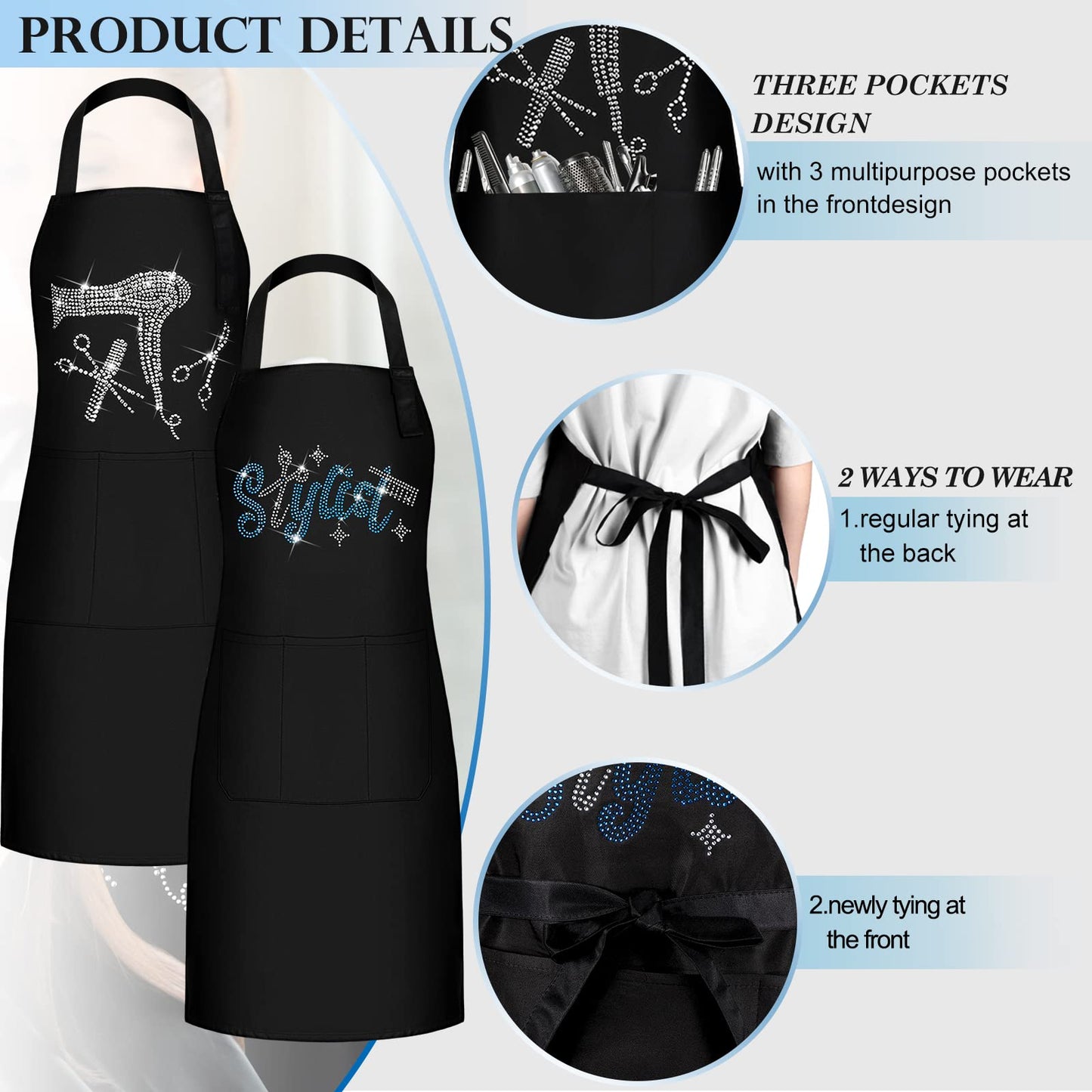 Coume 2 Pcs Hair Stylist Apron Hairstylist Salon Apron with Rhinestone Tools 3 Pockets Waterproof Hairdresser Barber(Blue and White,Large)