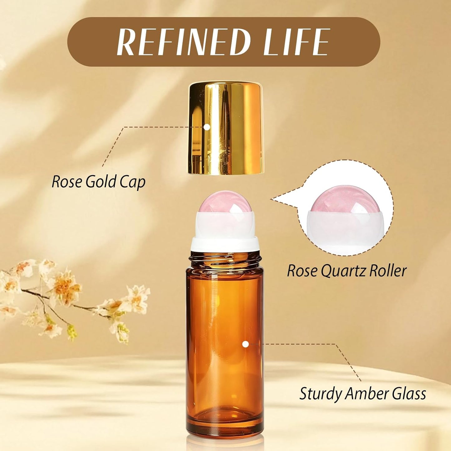 Rose Quartz Roller Bottle - 1oz Refillable Amber Glass for Essential Oils & Skincare | Leak-Proof with Gold Cap & Storage Bag