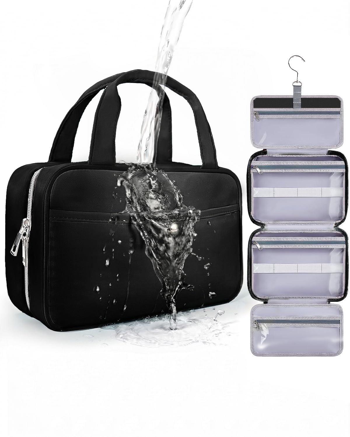 Chakipee Travel Hanging Toiletry Bag for Women - Waterproof Cosmetic Organizer with Clear Window, Lightweight Bathroom Bags for Essentials, Makeup, Shampoo, Toiletries Black, Medium