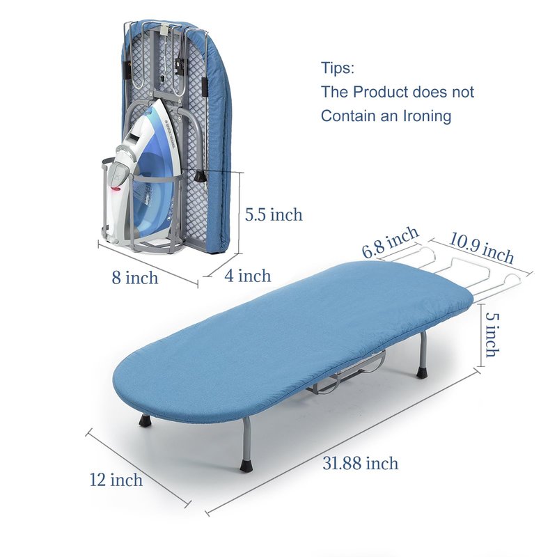 Metal Foldable Iron Board with Iron Holder, RAINHOL Small Ironing Board Tabletop with Heat Resistant Cover, 31x12 Mini Compact Ironing Table for Dorms, Aprtment, Blue