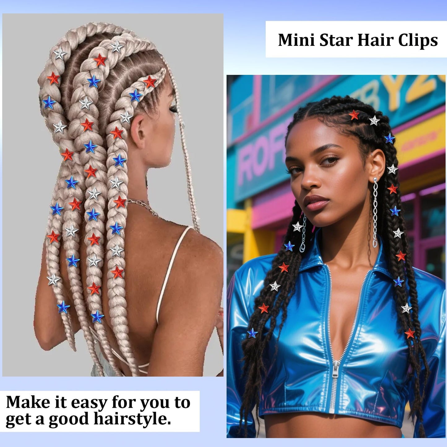 YISSION 30Pcs 4th of July Hair Clips for Women & Girls, Patriotic Red White Blue Sparkly Mini Star Barrettes, No Slip Hair Pins for Braids, Independence Day Memorial Day Hair Accessories Party Favors