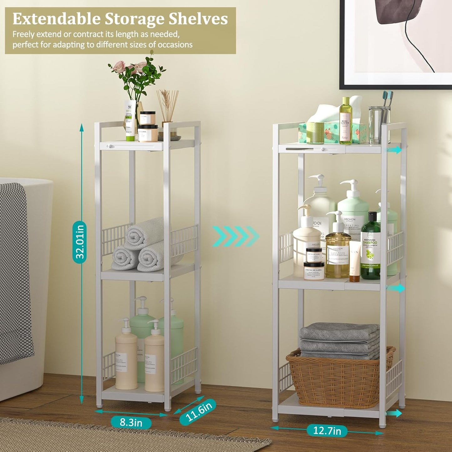 Expandable Slim Storage Shelf - 3 Tier Metal Shelving Unit for Bathroom, Kitchen & Laundry | White
