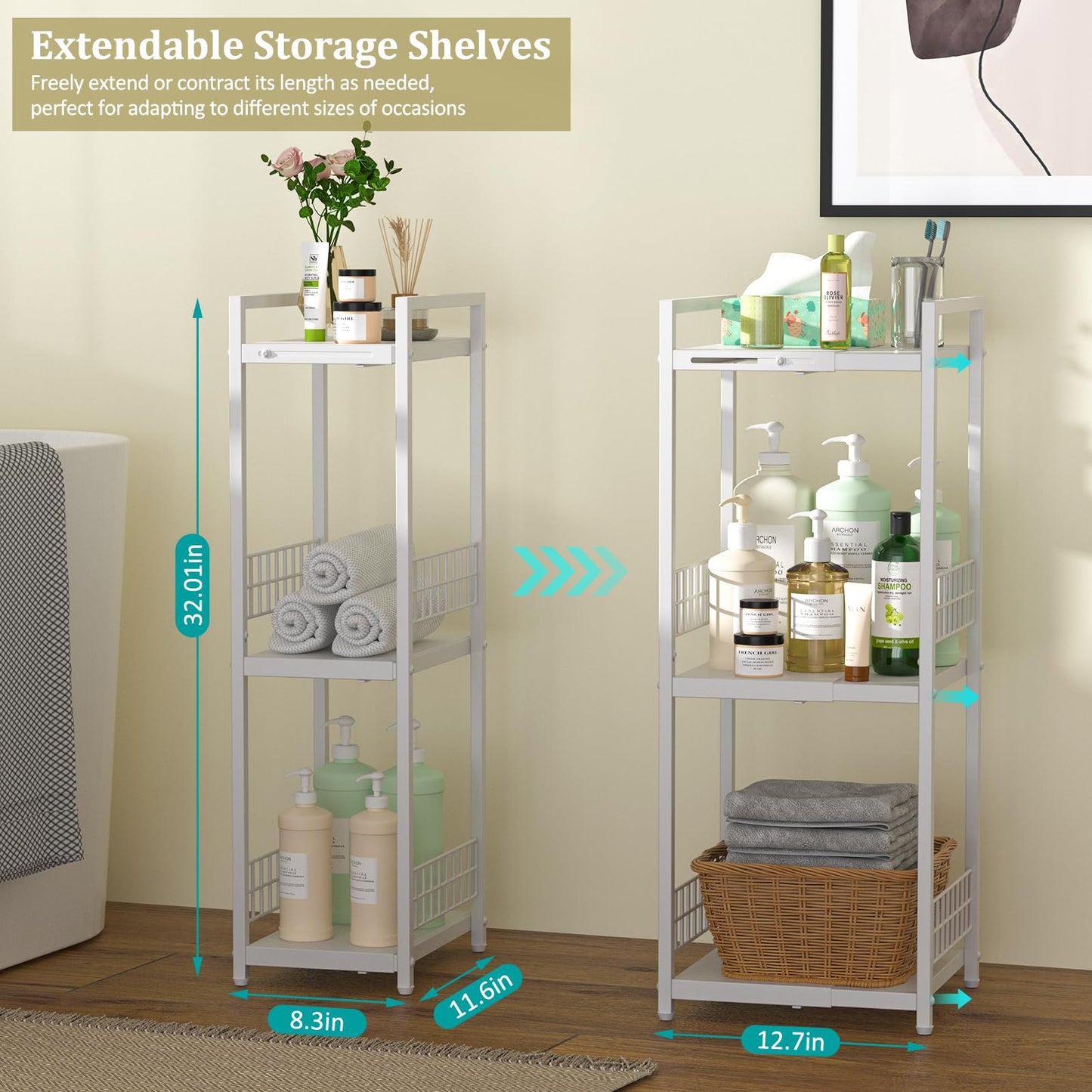 DAOUTIME Expandable Slim Storage Shelf, 3 Tier Metal Shelving Unit for Bathroom Storage Organizer, Free-Standing Narrow Shelf, Open Floor Shelves for Small Spaces,Laundry,Bathroom,Kitchen, White