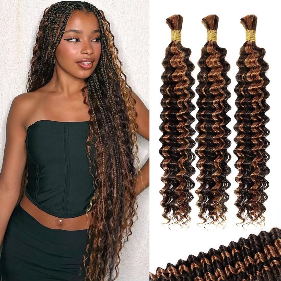 Human Braiding Hair - Deep Water Wave 16 Inch Curly Extensions | 5 Bundles P4/27 for Boho Braids