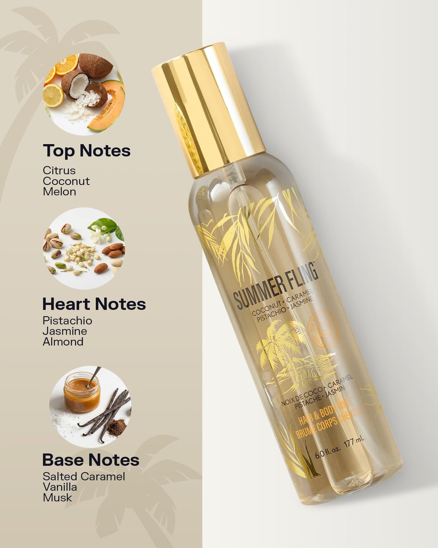 Summer Fling Hair & Body Mist for Women – Warm Beachy Gourmand Fragrance with Pistachio, Coconut, Caramel & Jasmine – Fine Fragrance Mist & Body Spray for Everyday Wear, Summer Scent, 6 Fl Oz