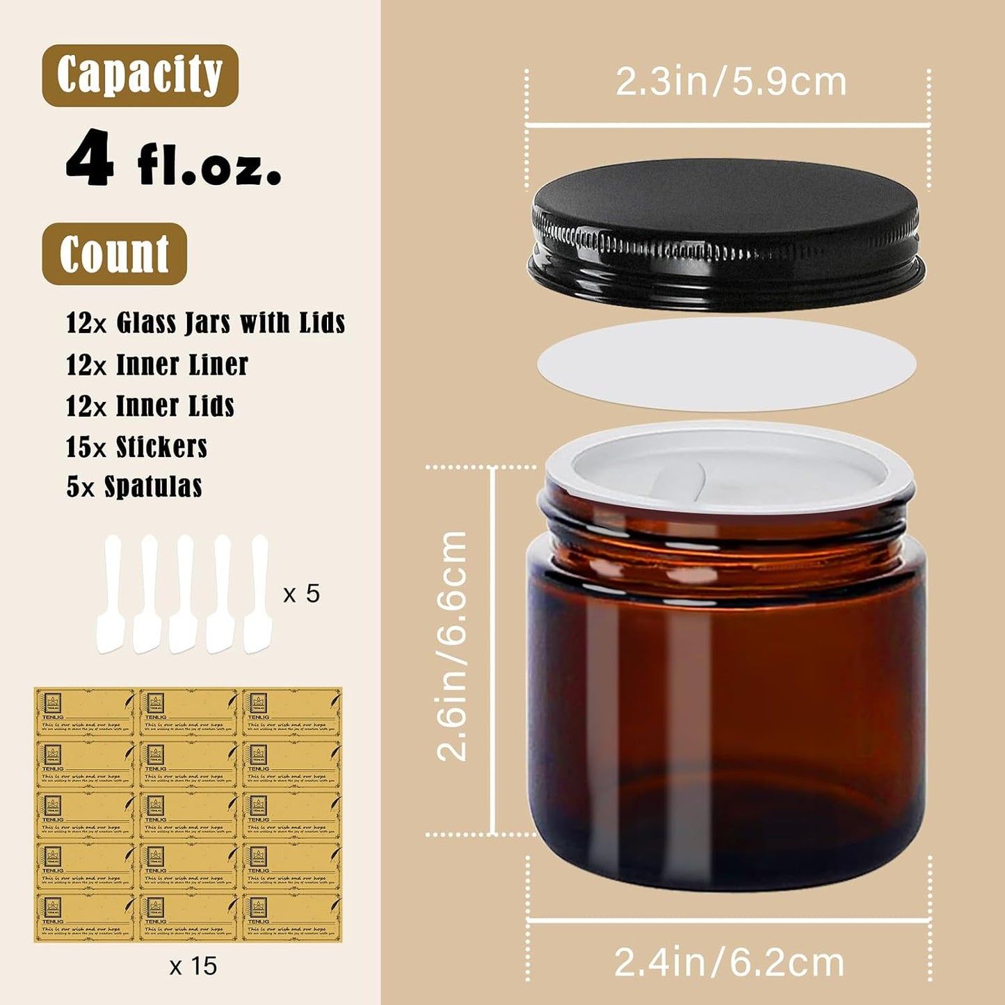 Amber Glass Jars - 4 oz Refillable Airtight Cosmetic Containers | 12 Pack with Black Metal Lids & Inner Liners