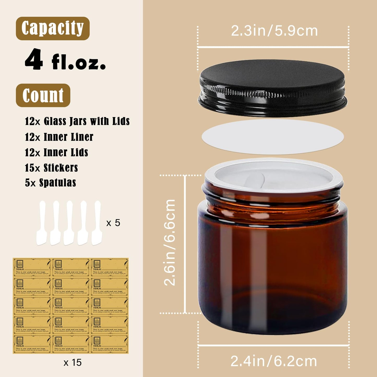 TENLIG 4 oz Glass Jars with Lids,Amber,12 Pack Empty Cosmetic Containers with Inner lids and Inner Liners,Black Metal Lid,Refillable Round Airtight Jars,Use to store Lotion,Powders,Candle Making