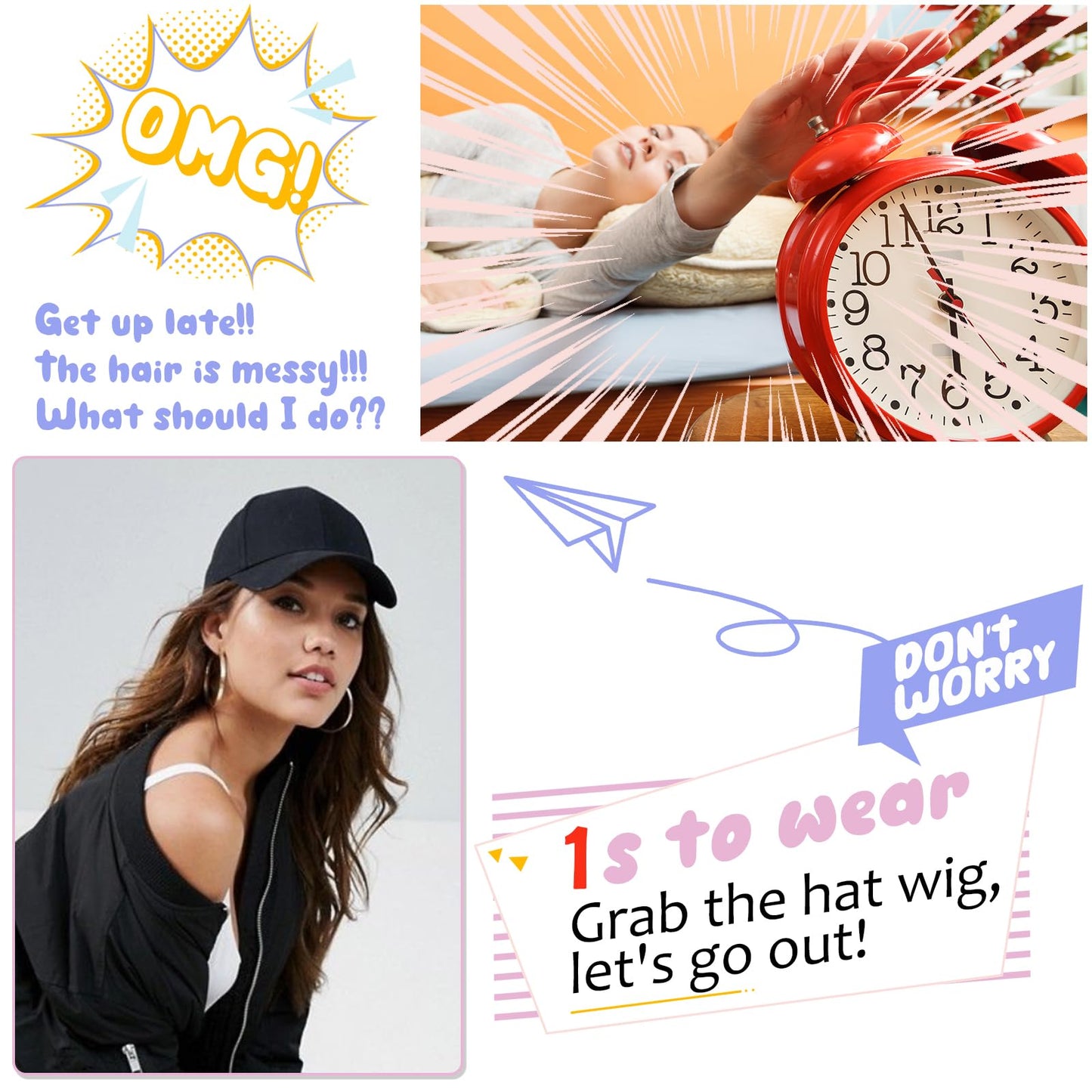 Cephermer Baseball Hat Wig,Hat with Hair attached 24'' Adjustable Black Cap with Long Wavy Synthetic Hair Extensions for Women Girls(Medium Brown)
