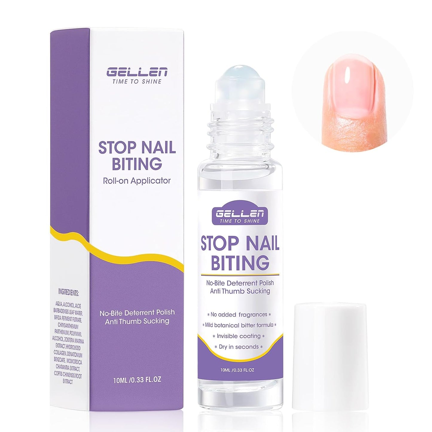 Gellen Nail Biting Prevention | Roll-On Treatment for Kids & Adults - Quick-Dry Bitter Taste Nail Polish