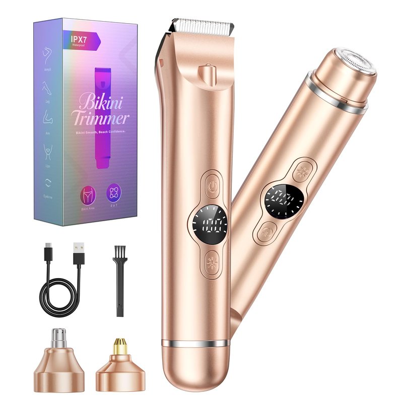 Bikini Trimmer for Women, 4 in 1 Electric Razors for Women - Dual Head, Wet & Dry Use Pubic Body Hair Trimmer Electric Shavers, Rechargeable Womens Facial Razors for Legs, Nose, Armpits, Bikini Area