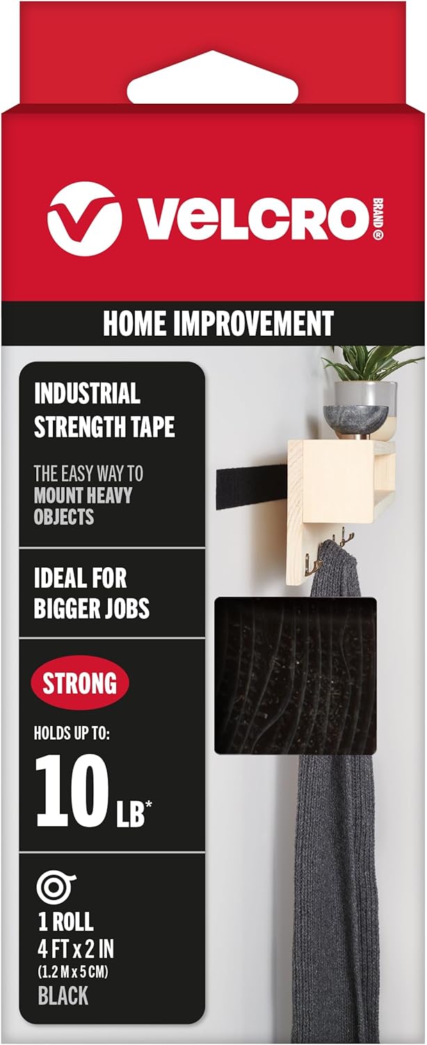 Heavy Duty Velcro Fasteners - 4x2 Inch Adhesive Strips | 10 lbs Hold | Black | 8 Count