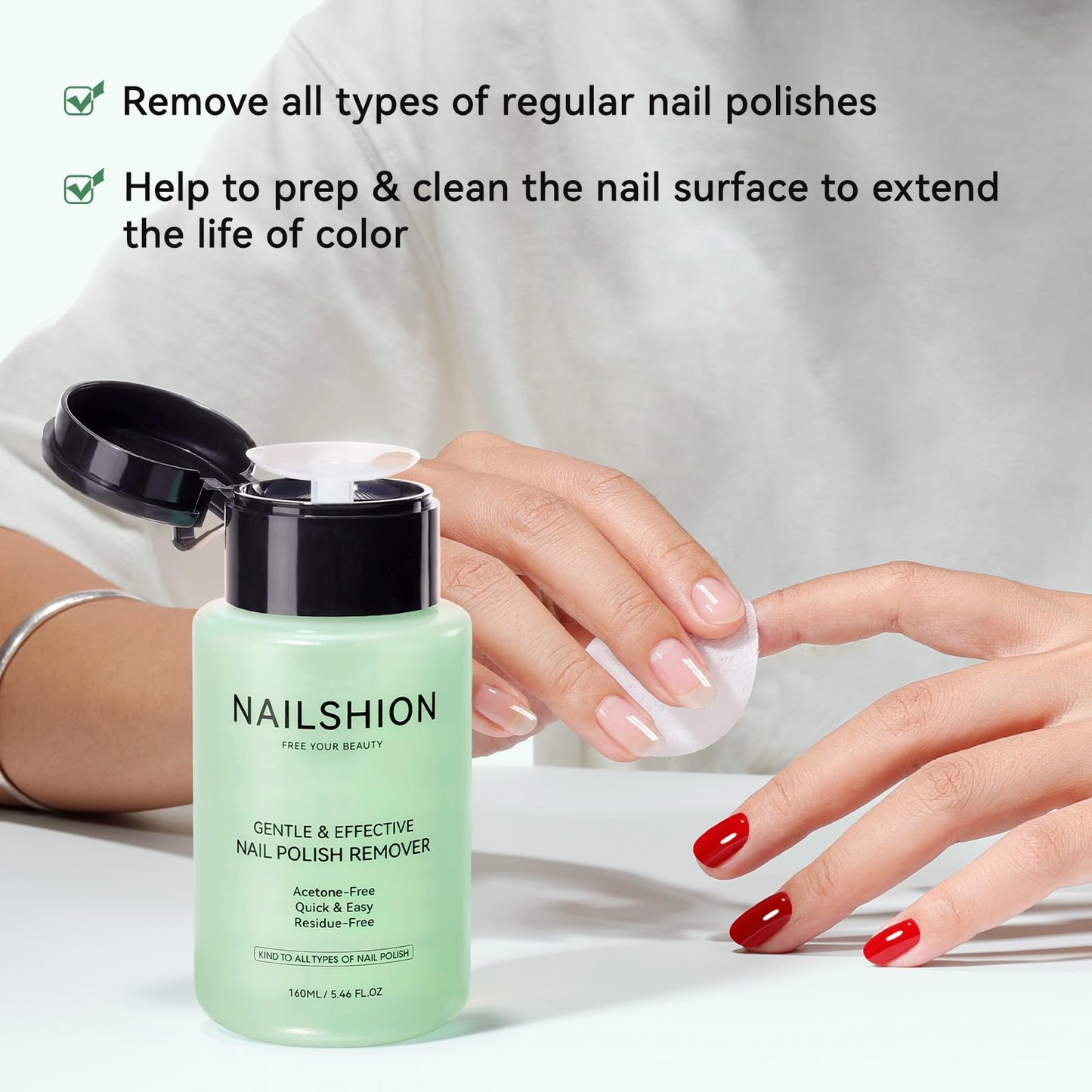 Nailshion Aloe Vera Nail Polish Remover Non-Acetone, VE Non-Drying, 5-10s Remove All Air Dry Nail Polishes, Built-in Easy Push-down Pump, Clear Nail Polish DIY at Home Nail Art Essentials