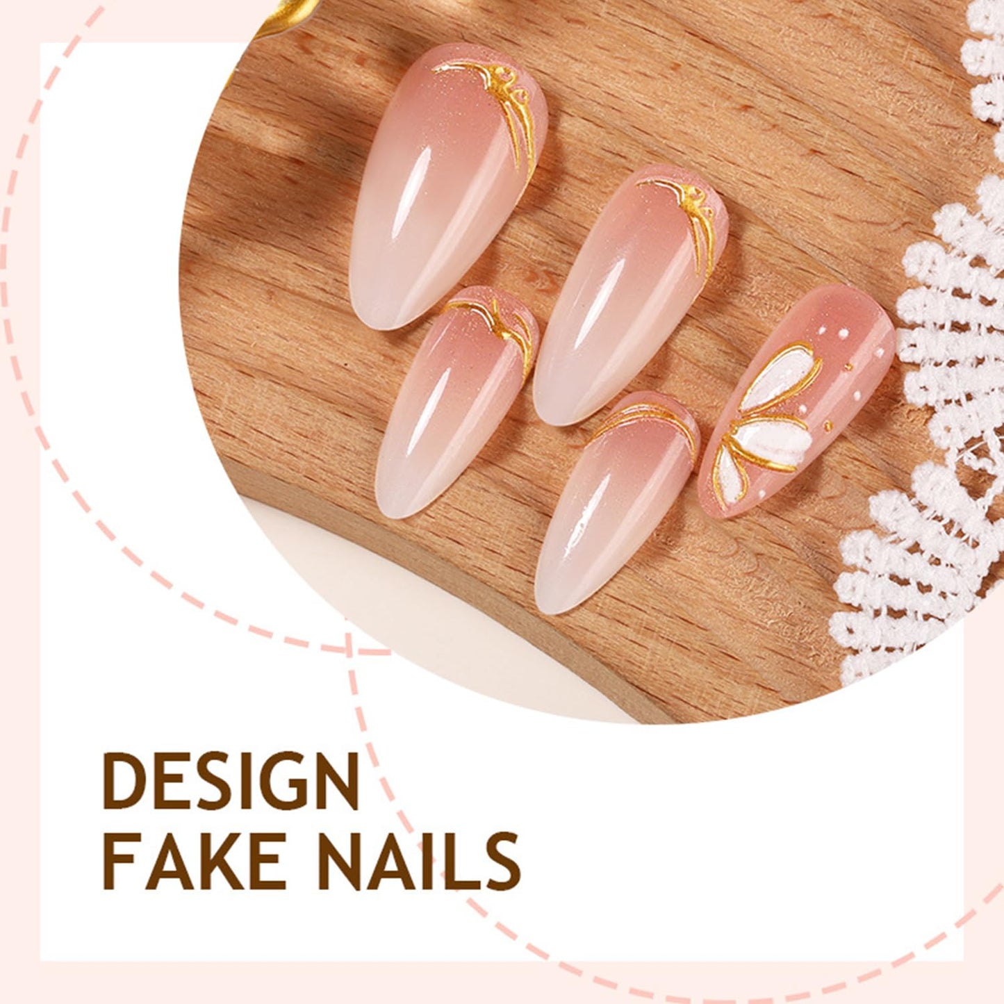 Flower Press On Nails - Medium Almond False Nails with White Gradient Design | Reusable Glossy Acrylic for Women