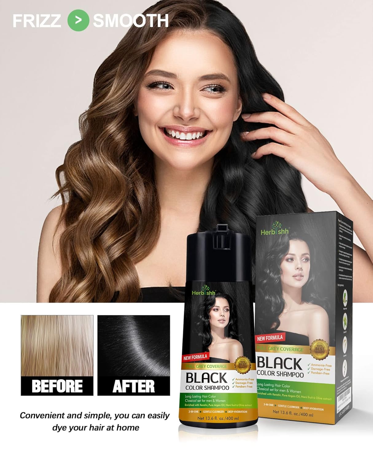 Herbishh Hair Color Shampoo for Gray Hair - Keratin-Enriched Formula for Full Coverage | Black (400ml)