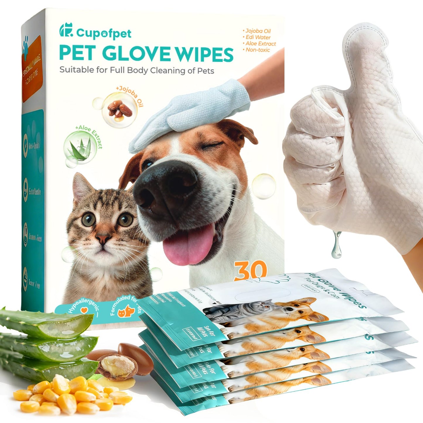 Cupofpet Pet Glove Wipes for Dogs and Cats, No-Rinse Dog Cleaning Gloves, Unscented Thick Glove Wipes for Waterless Cleaning, Daily Care & Travel, 30 Count