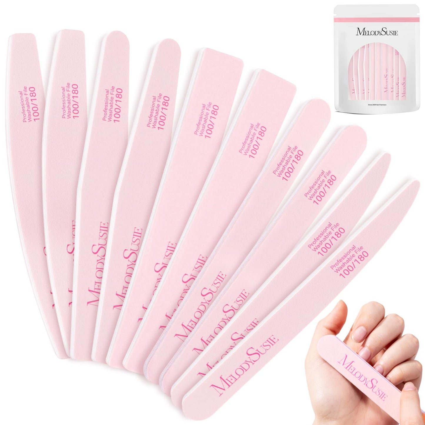 MelodySusie 10Pcs Nail Files 100/180 Grit, Mixed-Shape Double Sided Emery Boards Bulk Pack for Acrylic, Gel and Natural Nails, Professional Manicure Pedicure Shaping Tools for Home Salon, Pink