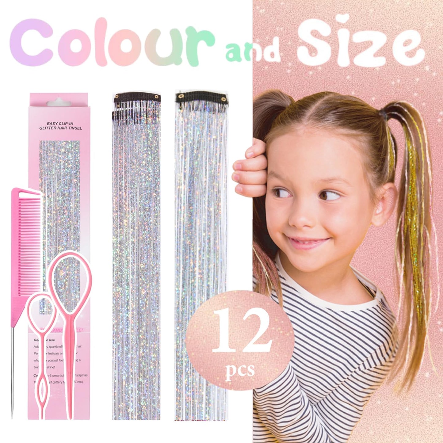 Hair Tinsel Clip-In Extensions - 12 Pcs 24 Inch Silver Glitter Strands for Girls & Women | Perfect for Christmas & Festivals