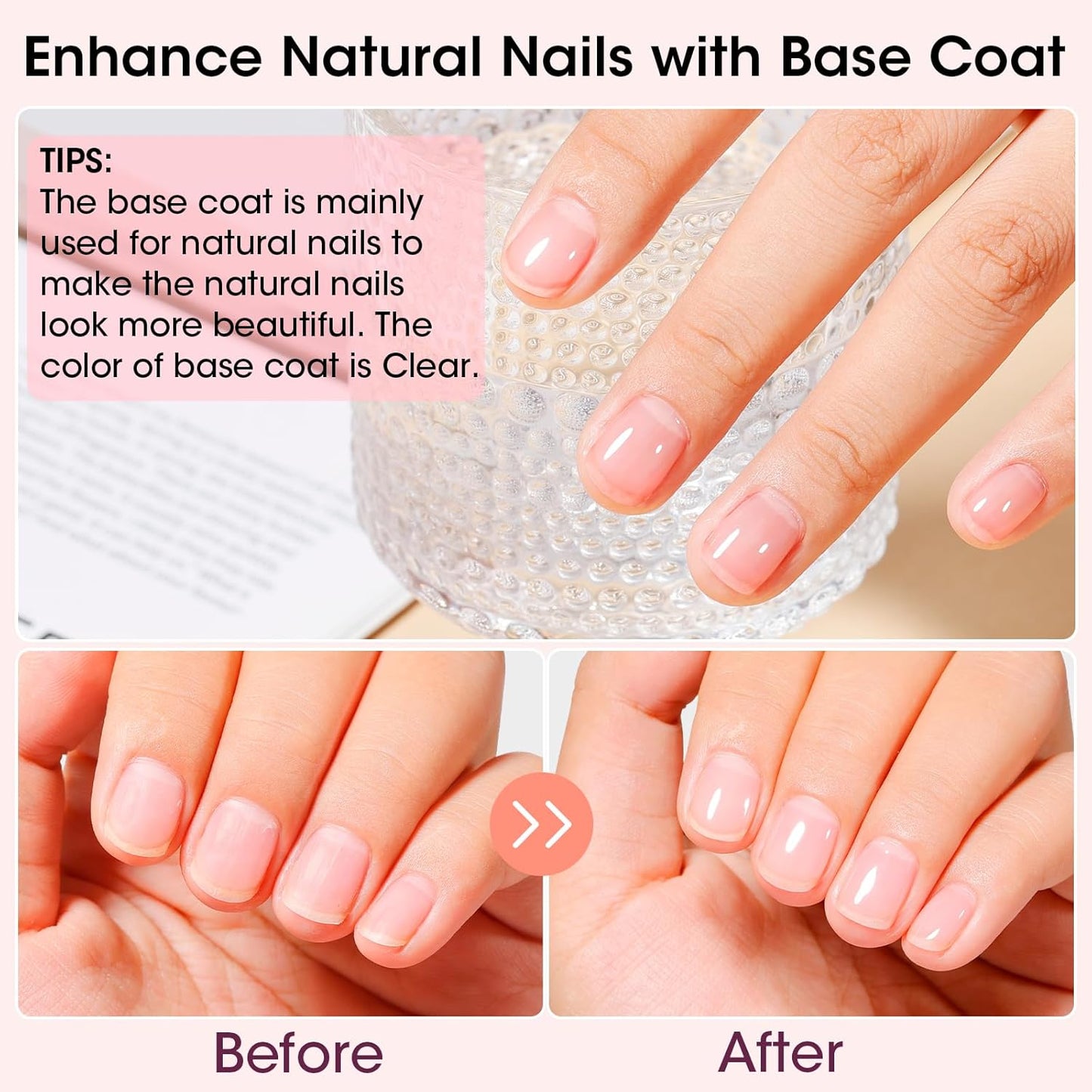 Clear Nail Polish Base & Top Coat - Strengthen Thin Damaged Nails | Quick Dry, No Wipe, Toxin Free