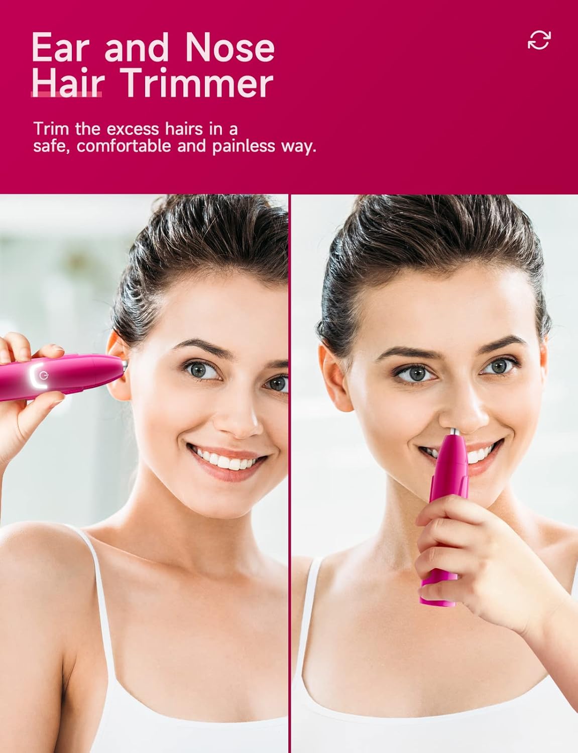 Rechargeable Ear and Nose Hair Trimmer - Professional Painless Facial Hair Trimmer with Dual-Edge Blades | Magenta