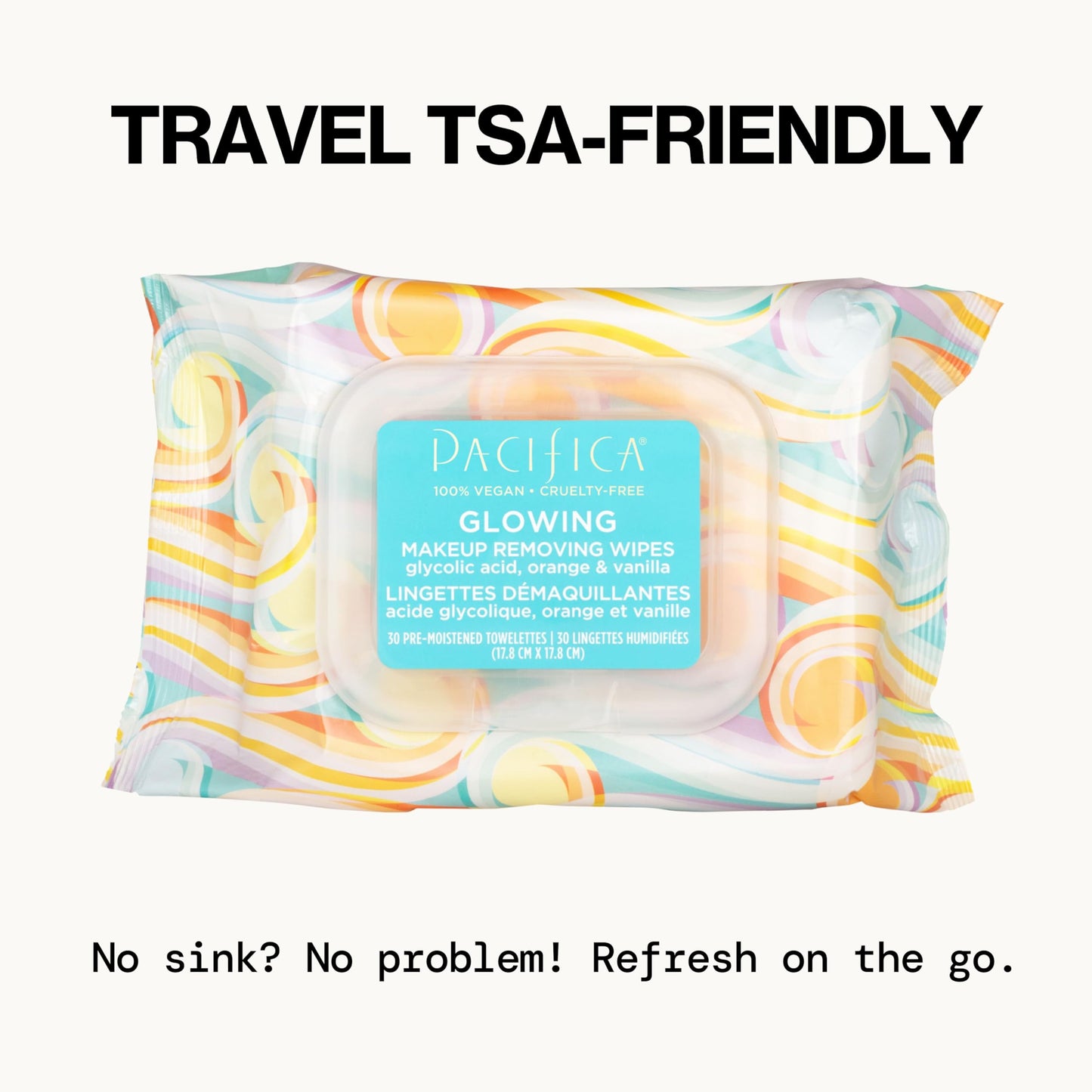 Pacifica, Glowing Makeup Remover Wipes - with Glycolic Acid for AHA Exfoliating and Facial Cleansing - No Rinse Face Cleaning Towelettes - Dermatologist Tested, 30 Count