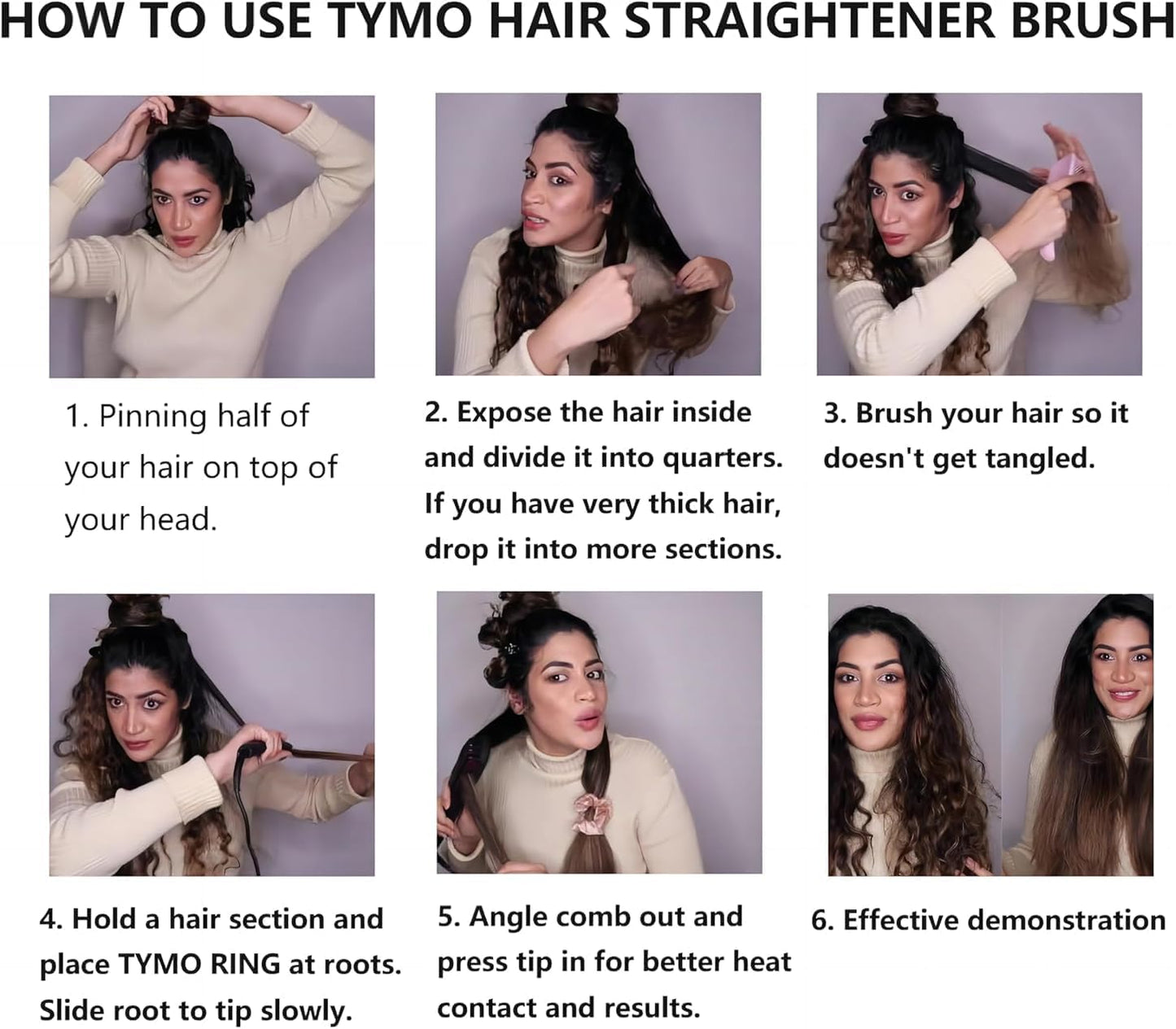Tymo Ionic Hair Straightener Brush - One-Step Frizz-Free Styling, 16 Temp Settings, LCD Display | Dual Voltage Hot Comb