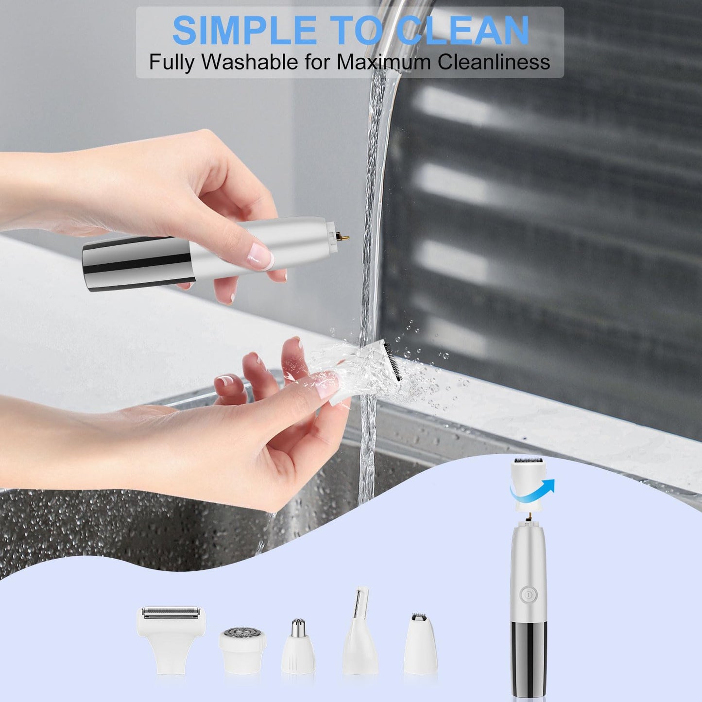 6 in 1 Bikini Trimmer and Shaver Kit for Women, Wet/Dry Electric Body Hair Trimmer Facial Hair Removal Cordless Waterproof Bikini Shaver Razor for Face Nose Eyebrow Arm Leg Pubic Armpit Bikini