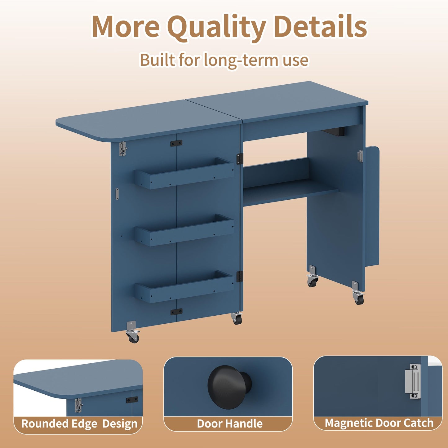Folding Sewing Table with Power Outlet, Rolling Sewing Desk with Side Storage Rack, Compact Portable Sewing Cabinet for Sewing Machine, Craft Table Organizer for Home (Blue)