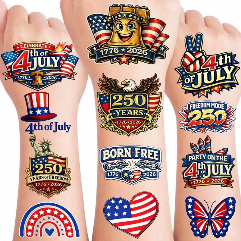 250th Anniversary Temporary Tattoos - Patriotic USA 1776–2026 | 60PCS Independence Day Party Favors for Adults & Teens
