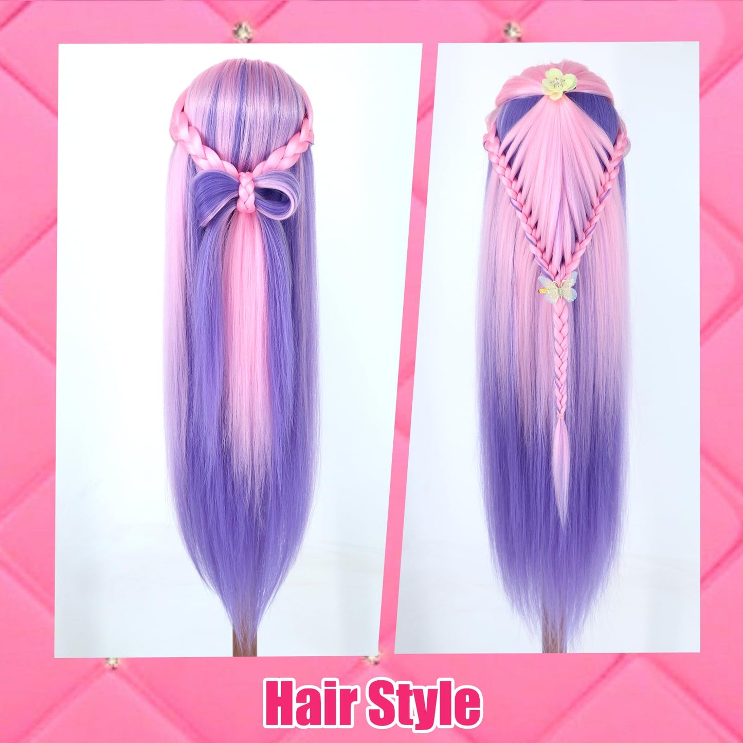 Gemiei Mannequin Head with Hair 29" Doll Head for Hair Styling for Cosmetology Training With Clamp Holder and Styling Tools（Pink Purple)