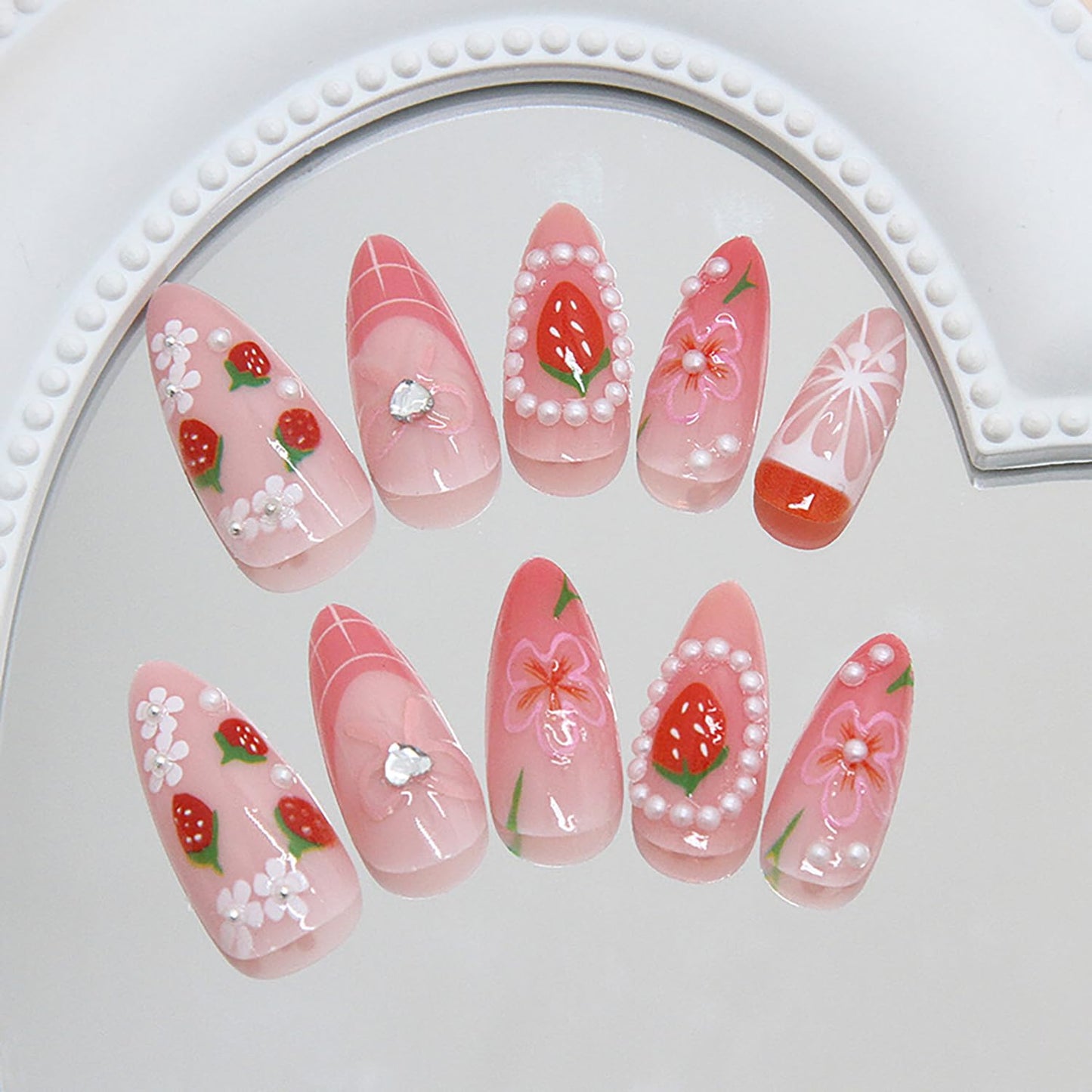 24Pcs Cute Strawberry Press on Nails Medium Almond Fake Nails with Pearl Rhinestone Stick on Nails Full Cover Pink French Tip Acrylic Nails Reusable Fall Flower False Nail Tips for Women Nail Design
