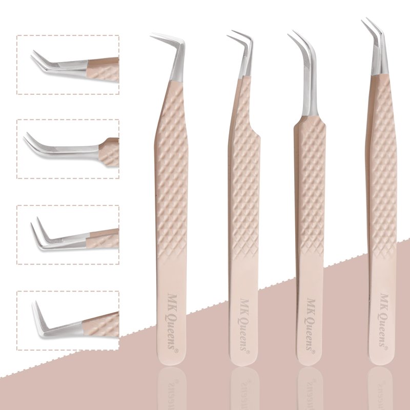 Fiber Tip Lash Tweezers For Eyelash Extension Tweezers Professional Eyelash Extension Tweezer - Set of 4 Pcs Diamond Grip Stainless Steel Fiber Tweezer (4, Peach)