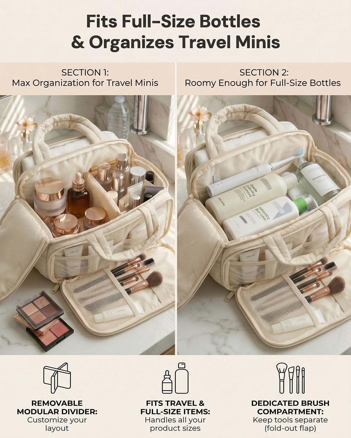 Large Quilted Toiletry Bag for Women - Puffy Travel Makeup Organizer with Removable Divider & Waterproof Design | Ideal for Gym & Vacation