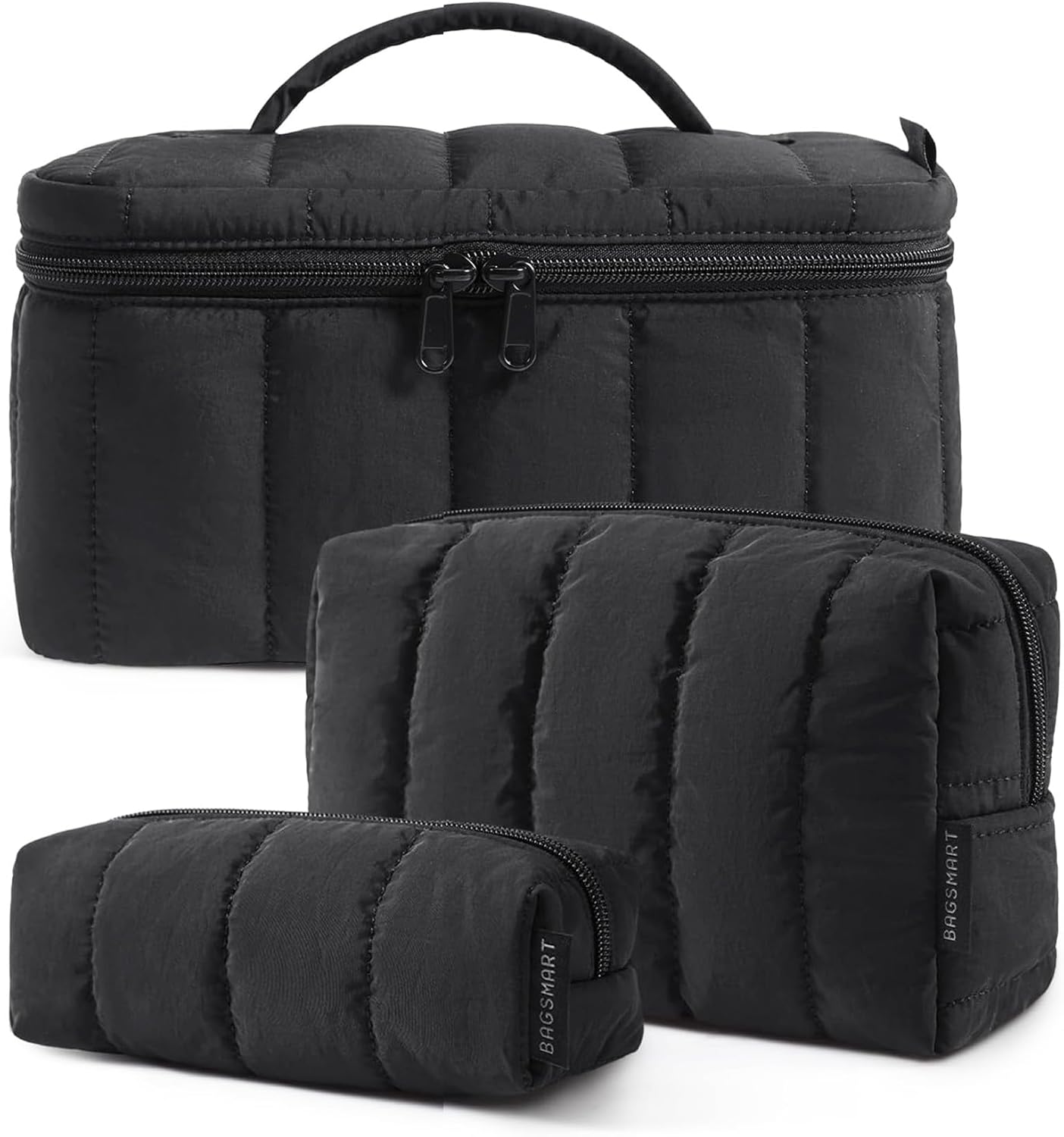 Travel Makeup Bag for Women - 3 Pcs Puffy Padded Cosmetic Organizer | Large Toiletry Case & Small Purse Pouch (Black)
