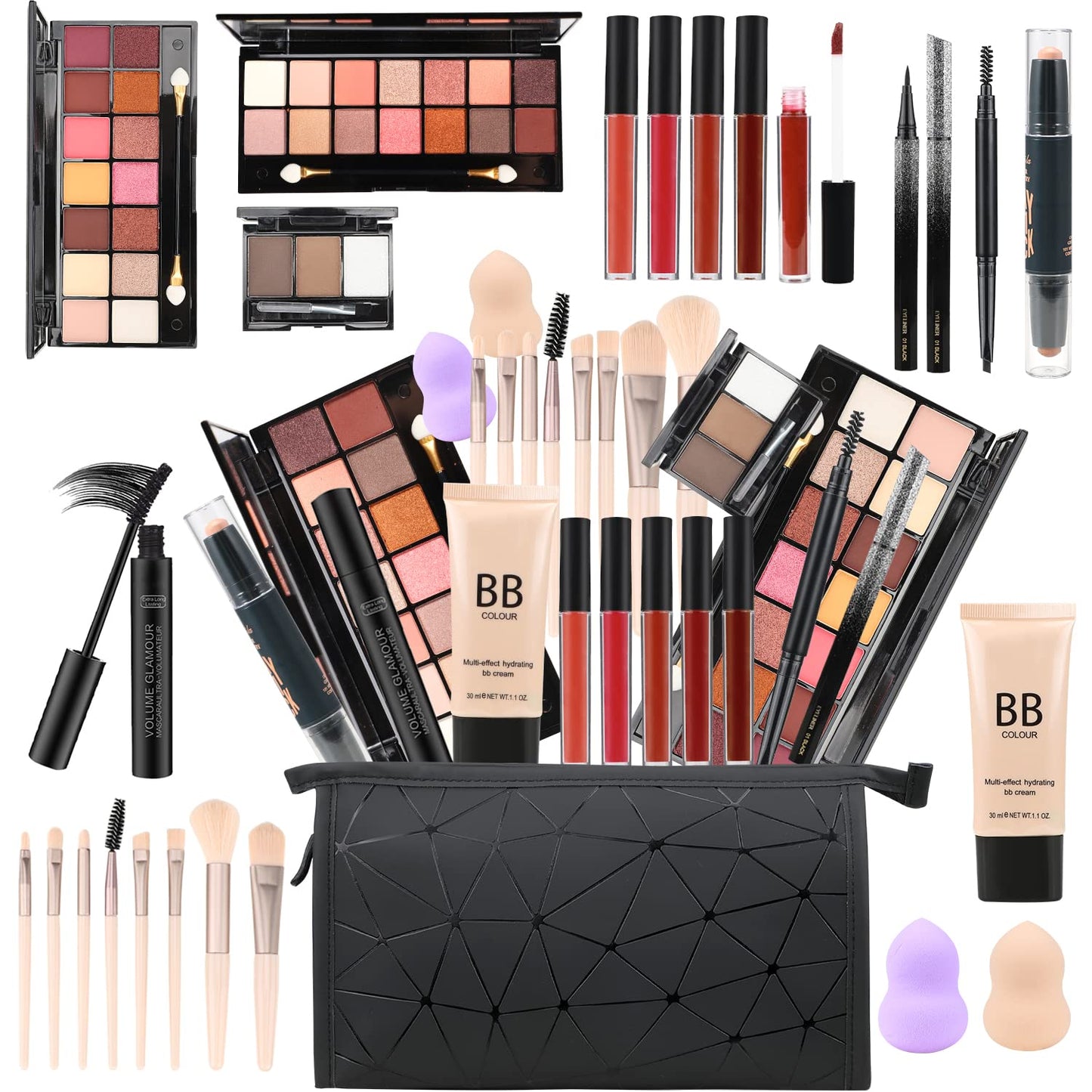 All-in-One Makeup Kit - Multipurpose Essential Set with Eyeshadow Palette, Lip Gloss, Foundation & Brushes | Complete Cosmetic Bag for Women