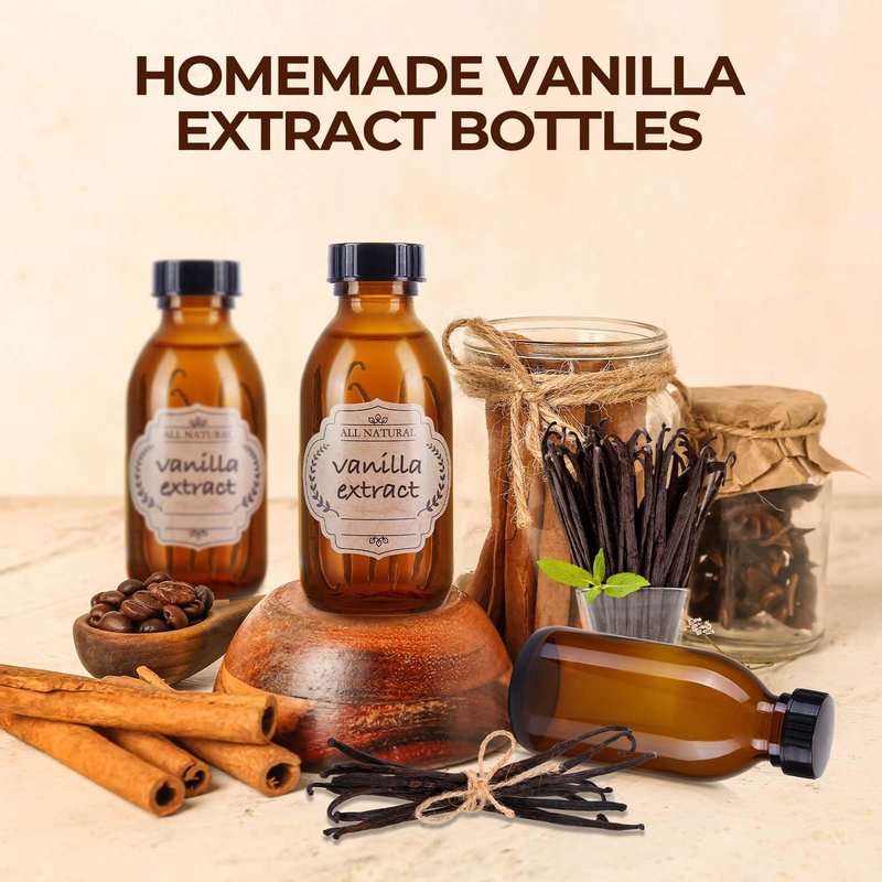 54 Pack 4 oz Amber Boston Glass Bottle with Cap, Empty Glass Bottles for Homemade Vanilla Extract, Essential Oils, Juice, Potion, Syrup, Liquids, Christmas