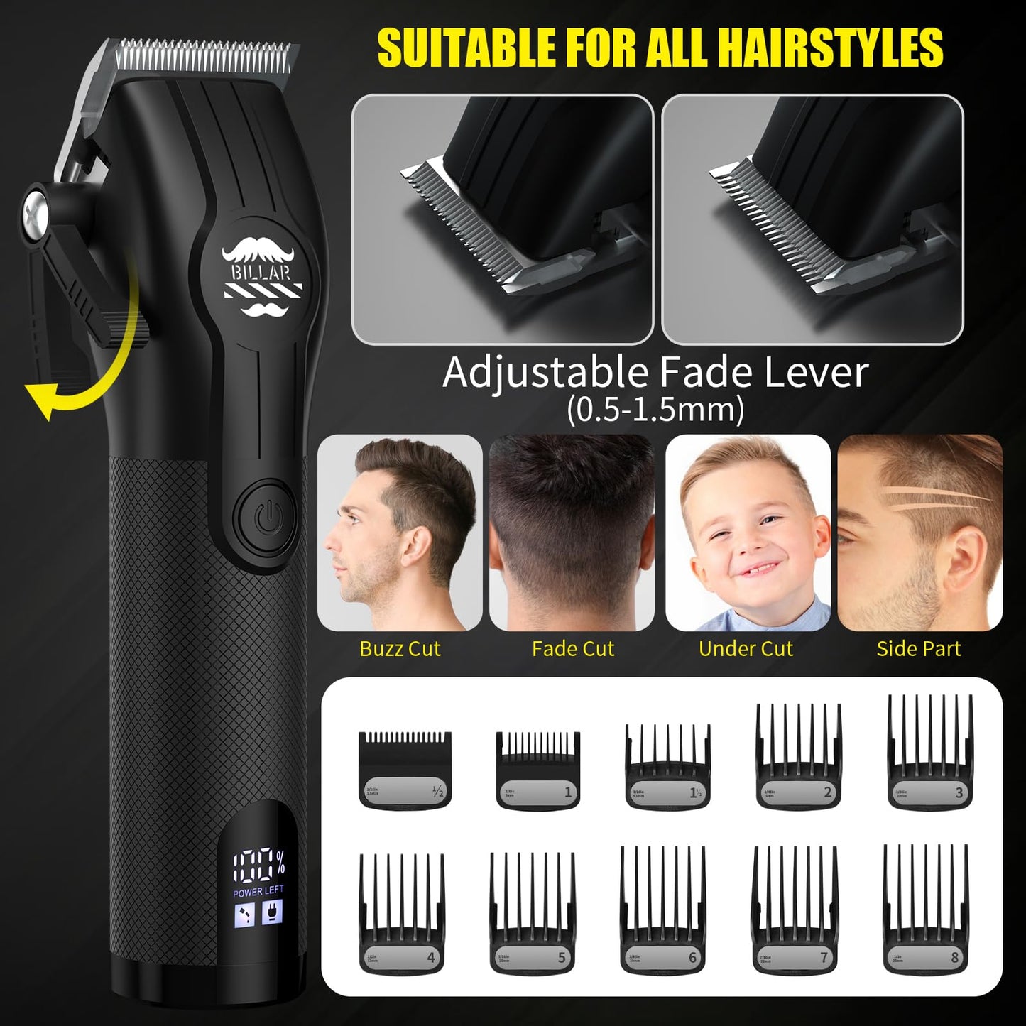 BILLAR® Cordless Barber Kit, Professional Hair Clipper Set with Trimmer and Foil Shaver, Rechargeable Haircut Grooming Tools for Men Barbers, Blackk