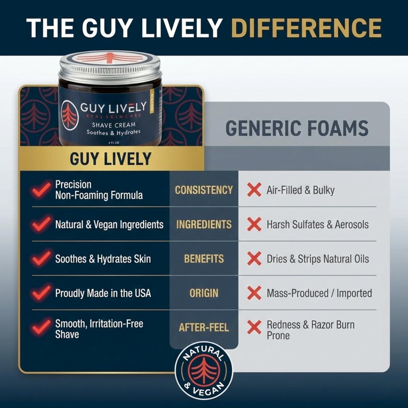 Guy Lively Men’s Natural Shaving Cream, Unscented Non‑Foaming Shaving Cream for Sensitive Skin with Organic Aloe, Shea & Cocoa Butter, Vegan Formula Reduces Razor Burn & Irritation, 6 oz, Made in USA