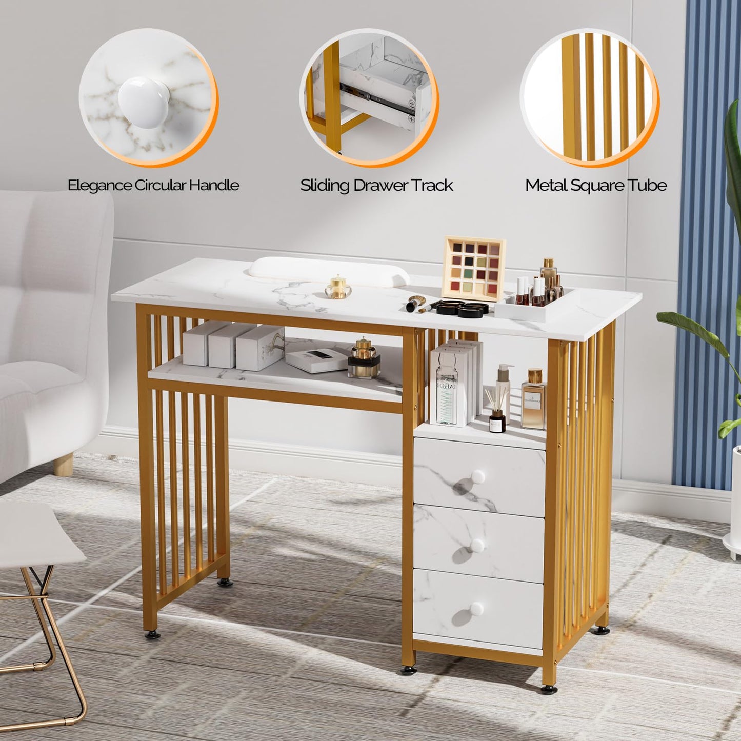 OmySalon Manicure Table w/Wooden Drawer Storage, Gold & White Marbling Nail Desk for Nail Technicians, Nail Station for Salon Spa Beauty Makeup, Acetone Resistant, 43.3'' L W/O Dust Collector