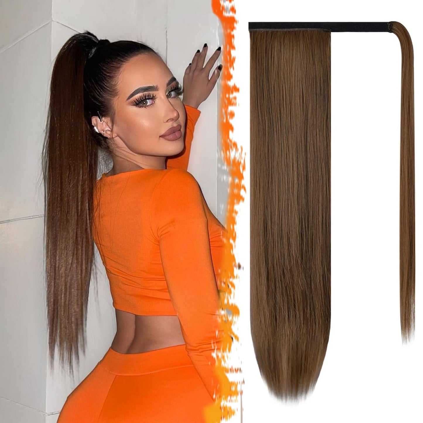Dark Brown Straight Ponytail Extension - 28 Inch Clip-In Hairpiece for Women | Synthetic Wrap Around Style