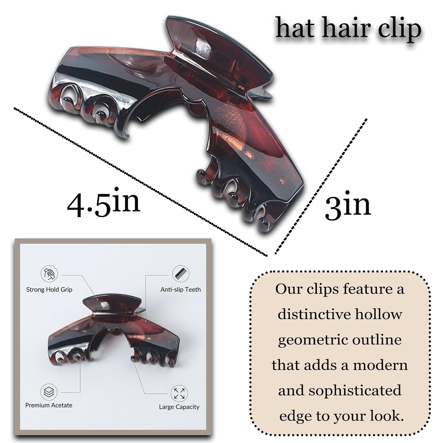 Large Claw Clips for Hats - Tortoise Shell Hair Clips with Unique Hollow Design | Non-Slip Strong Hold for Thick/Thin Hair