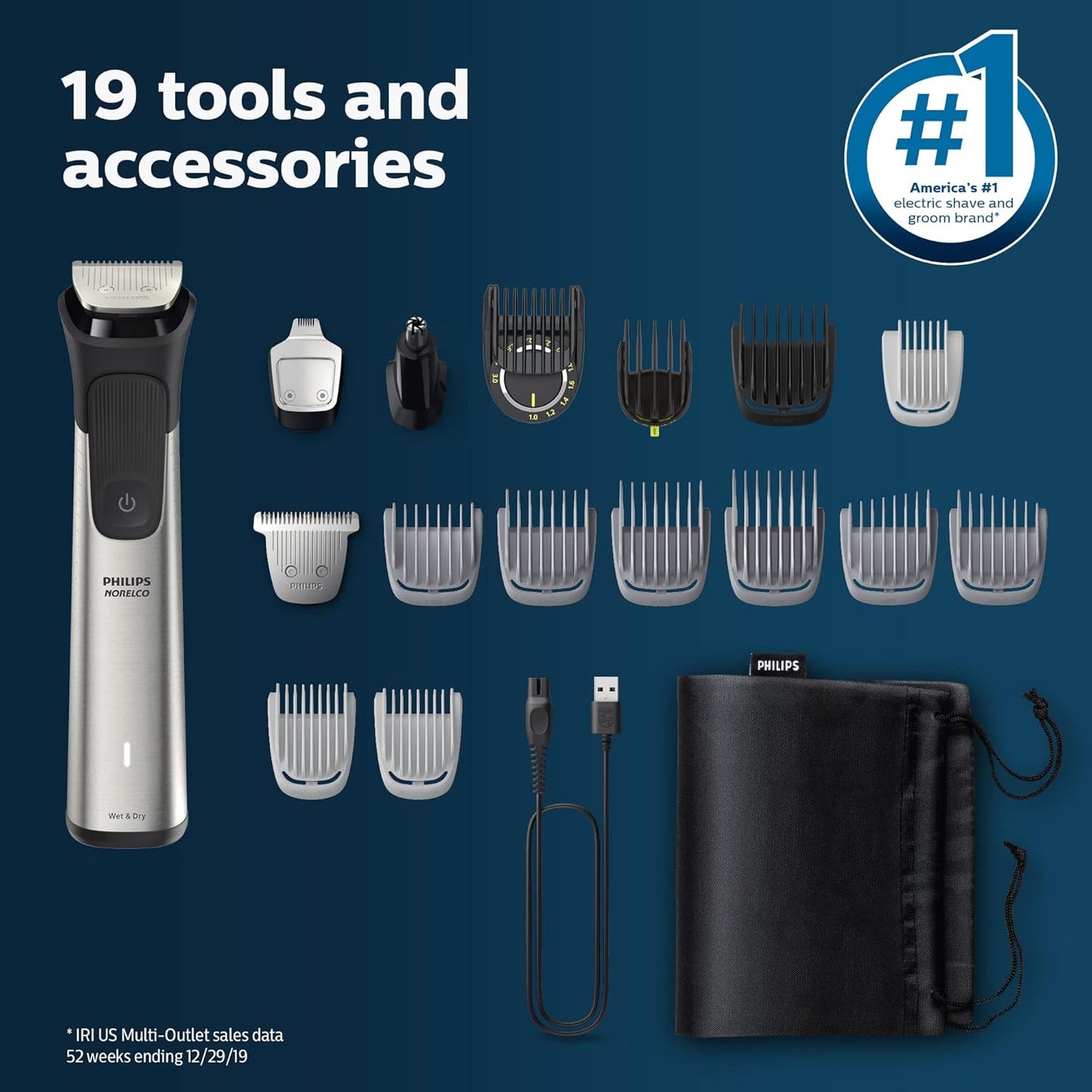 Philips Multigroom 7000 Series - All-in-One Beard & Hair Trimmer | 19-Piece Men's Grooming Kit with Soft Pouch, MG7910/49
