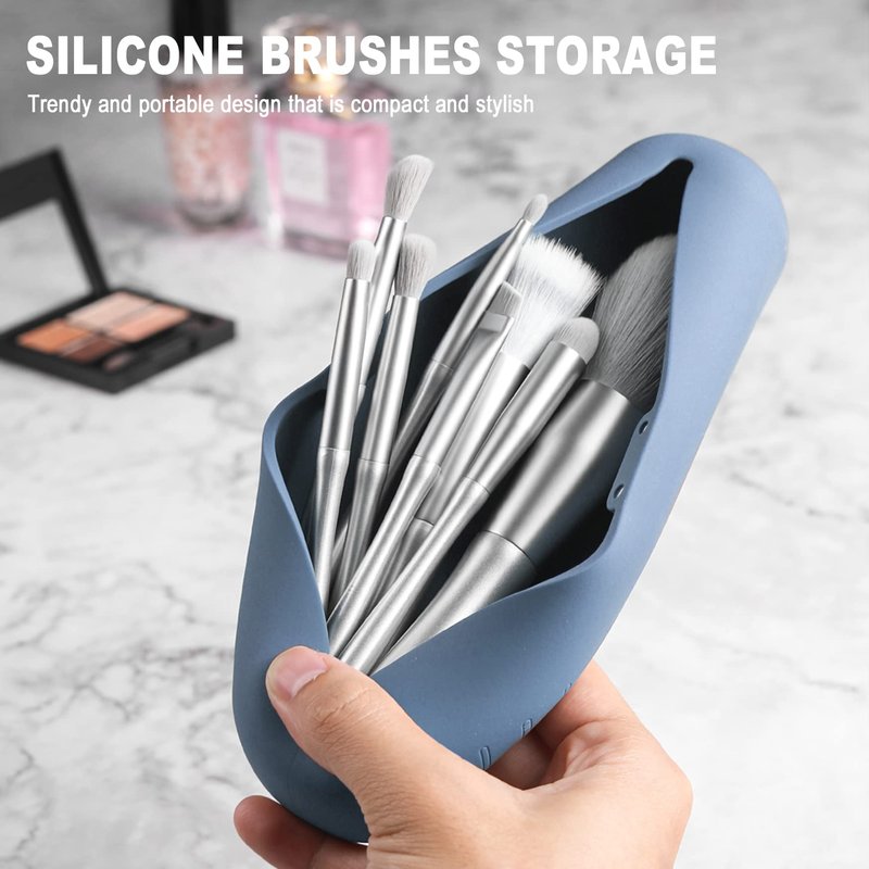 FVION Travel Makeup Brush Holder, Silicone Brush Holder Travel Case, Make Up Brush Pouch with Magnetic Closure, Makeup Brush Covers - Blue