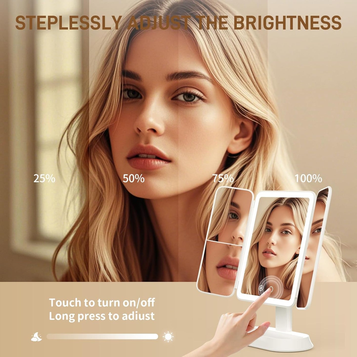 Illuminated Makeup Mirror - 1X/3X/5X Magnification, Dimmable Soft Light, 360° Rotation | Rechargeable Trifold Mirror for Travel & Dorm