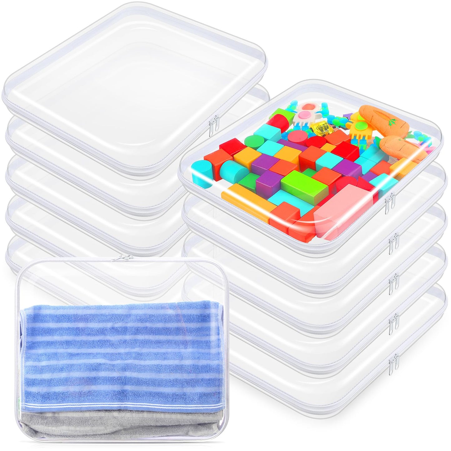 Sanwuta 10 Pcs Hard Zipper Case Clear Hard Pouches Plastic Zipper Pencil Portable Box Toy Storage Bins Plastic Container for Travel Toiletry Office Cosmetic Block Puzzle Organizer (L,Clear)