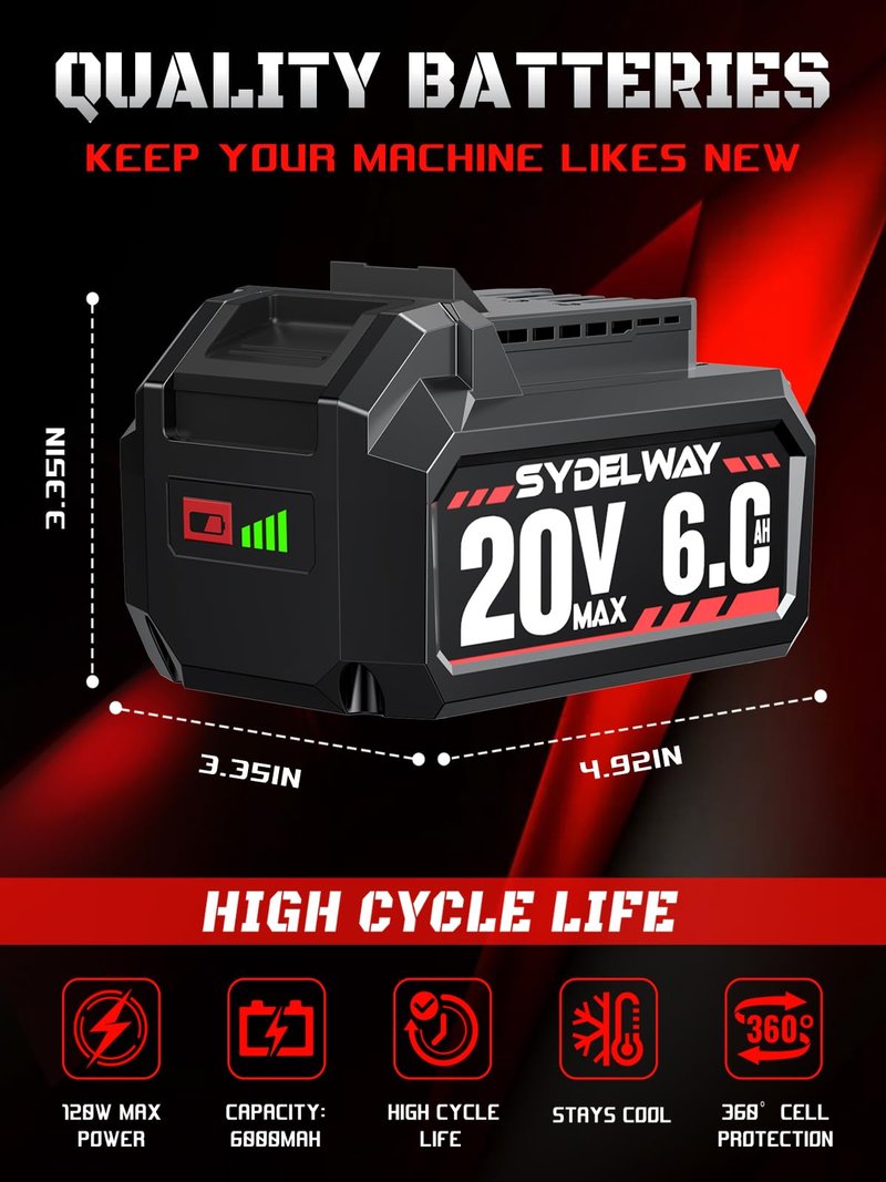Sydelway 20V 6.0Ah Battery Replacement for Skil 20V Battery, Compatible with SKIL PWRCORE 20 Volt Cordless Power Tools and Chargers, Replacement for Skil Battery BY519601 BY519603 BY519702