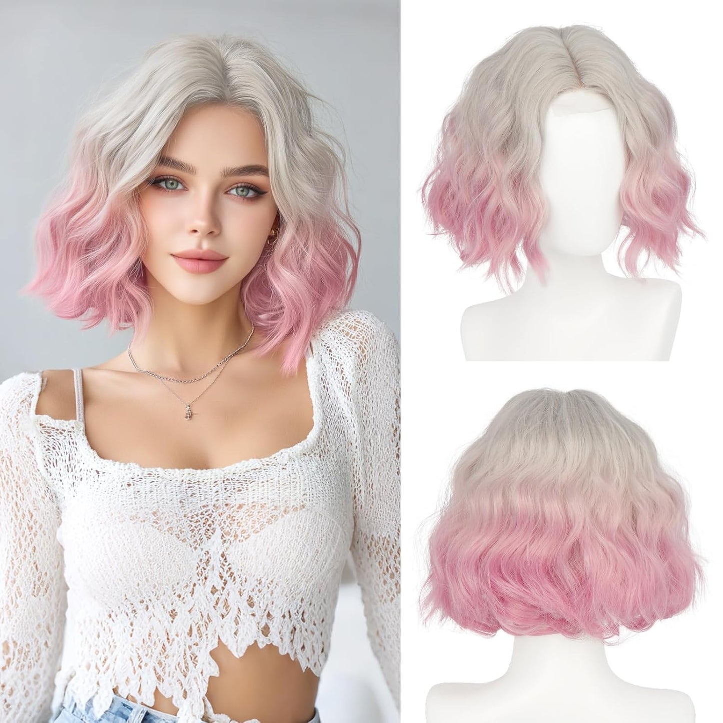 Pink Bob Wig for Women - Lace Front Short Soft Wavy Curly Synthetic Hair | 11 Inch Ombre Pink