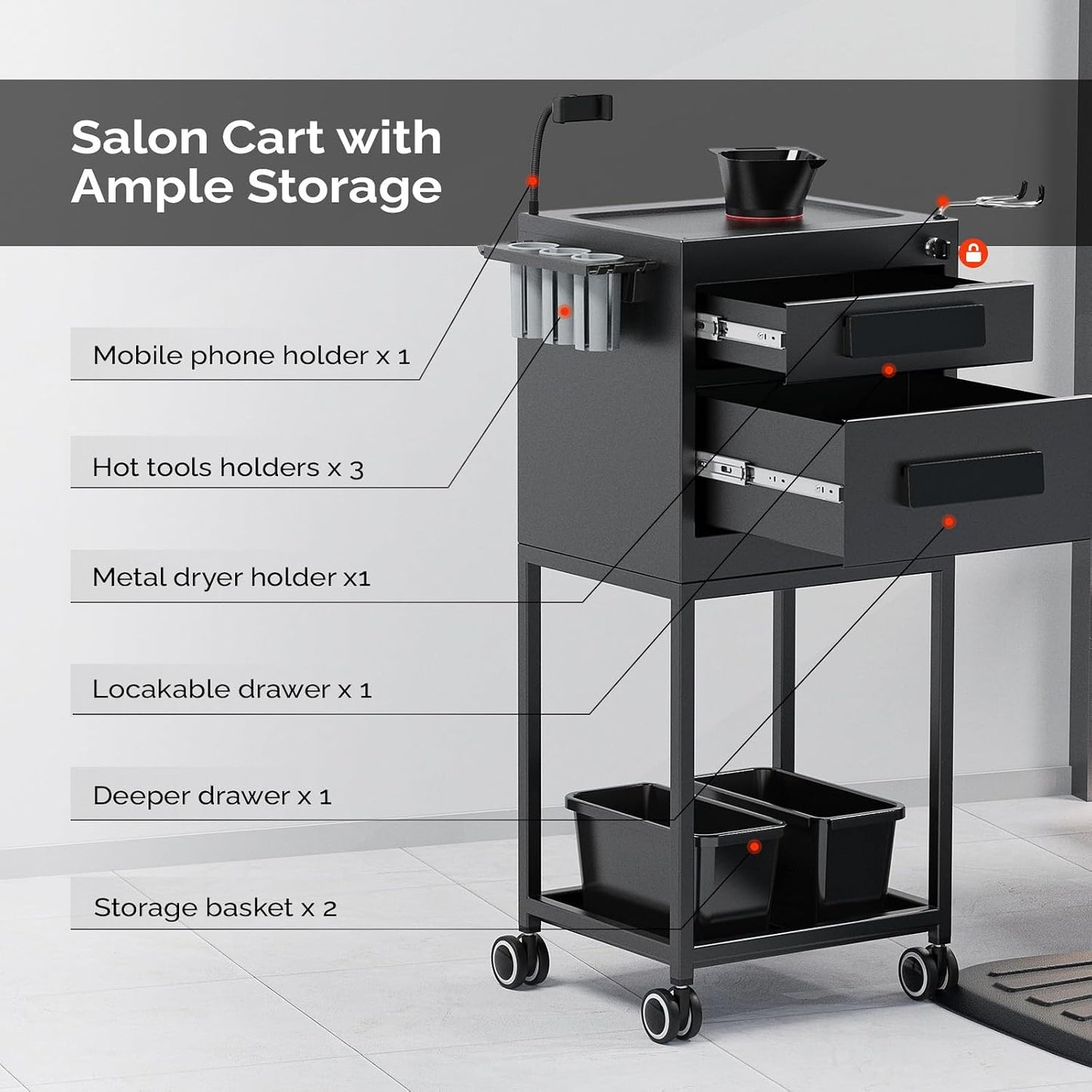 Salon Trolley Cart - Hair Stylist Station with Lockable Drawer, 2 Magnetic Color Bowls & Storage Baskets | Black Metal Design