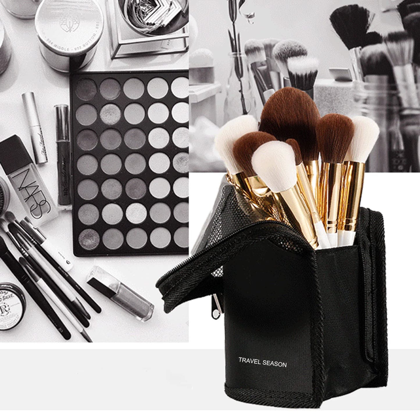 Linsiter Makeup Brush Travel Case Stand Up, High Capacity Makeup Organizer Portable Travel Makeup Brush Holder(Black)